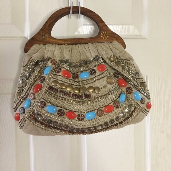 Aldo khaki canvas beads wooden handle satchel bag - Picture 1 of 11